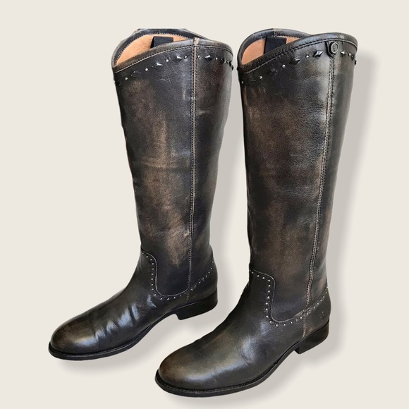 $398 RARE Frye Melissa Rhinestone Button Distressed Vintage Pull On Tall Boots